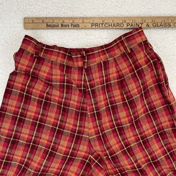 Vintage Womens Plaid Shorts 10 Medium Red Yello Pink Pleated Linen Cotton Blend - Picture 7 of 7